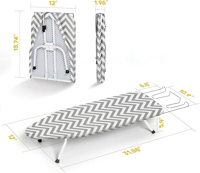 Folding Ironing Board for Small Space, RAINHOL Mini Collapsible Ironing Boards, with Hook, Iron Rest, Heat-Resistant 100% Cotton Cover and Pad, Gray and White Stripes, 31" x 12", Steel Mesh