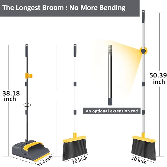 kelamayi Upgrade Broom and Dustpan Set, Broom with Dustpan Combo Set, Self-Cleaning with Dustpan Teeth, Indoor&Outdoor Sweeping, Stand Up Broom and Dustpan (Gray&Yellow)