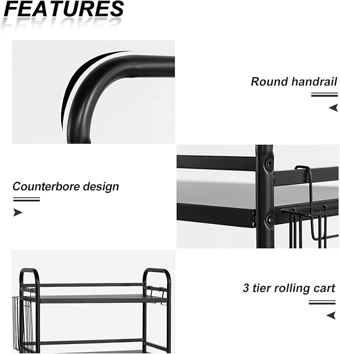 HDANI 3 Tier Metal Rolling Utility Cart,High Capacity Multi Purpose Heavy Duty Cart,for Office,Kitchen,Living Room,Bedroom,Etc.(Black)…