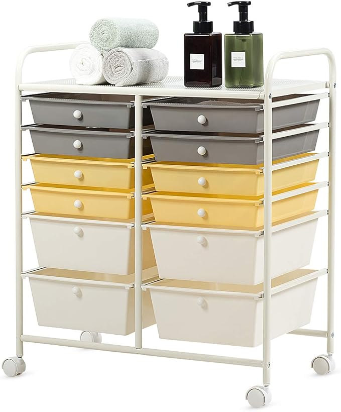 GOFLAME 12-Drawer Rolling Storage Cart, Multipurpose Organizer Cart with 2 Sizes Plastic Drawers, Mobile Utility Cart with Lockable Casters for School, Home Office, Beauty Salon, Yellow