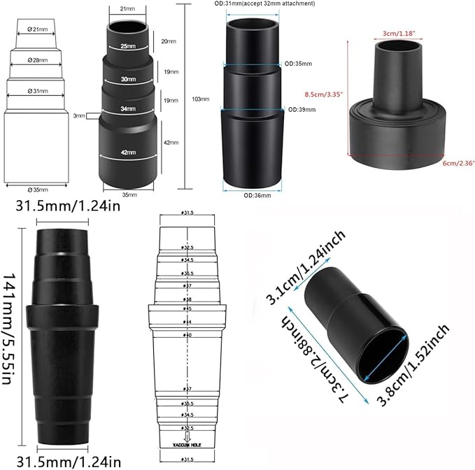 Universal Vacuum Hose Adapter Kit Reducer Attachment Set,Shop Vac Vacuum Hose Adapter 1 1/2 to 1 1/4 inch, 1 3/8 inch to 1 1/4 inch