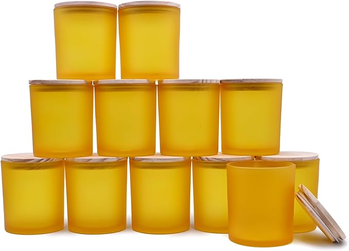 SHOWIN 14 OZ Thick Candle Jars for Making Candles 12 Pcs, 3 Wick Empty Jars with Wood Lids for Candle Making, Sample Container, Frosted Yellow