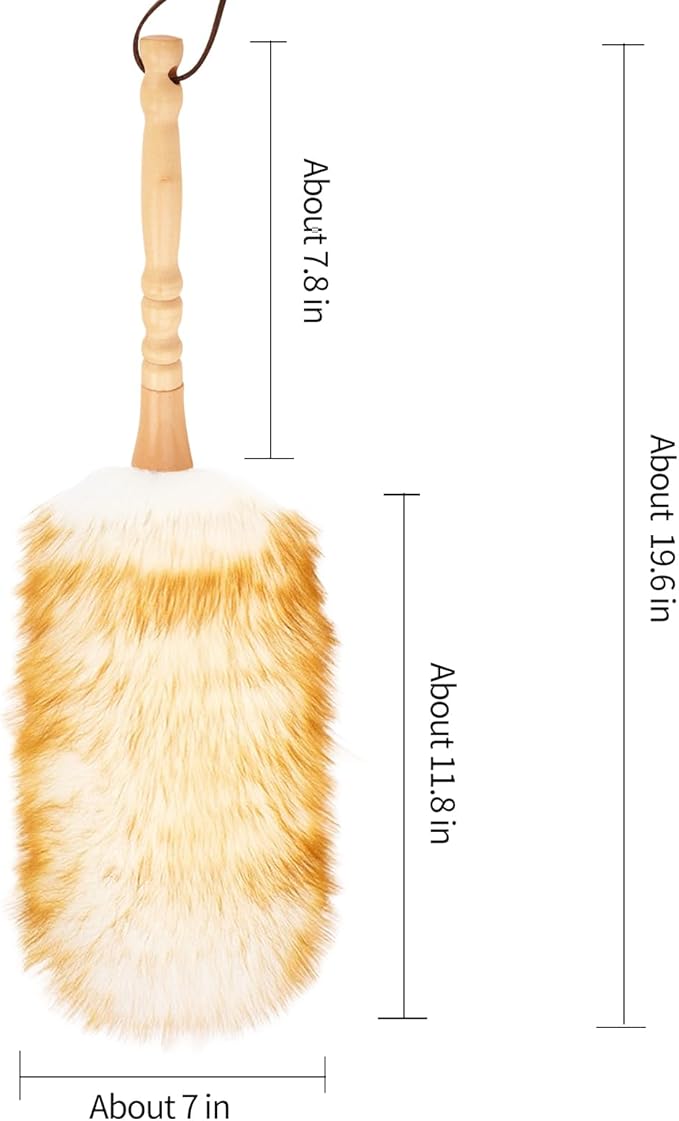 Lambswool Duster with Solid Wooden Handle,Leather Hang Strap,Comfortable Grips 19.6 inch Long Natural Feathers Dusters for Cleaning Wall Plant Desk Blind Cleaner Duster Tool