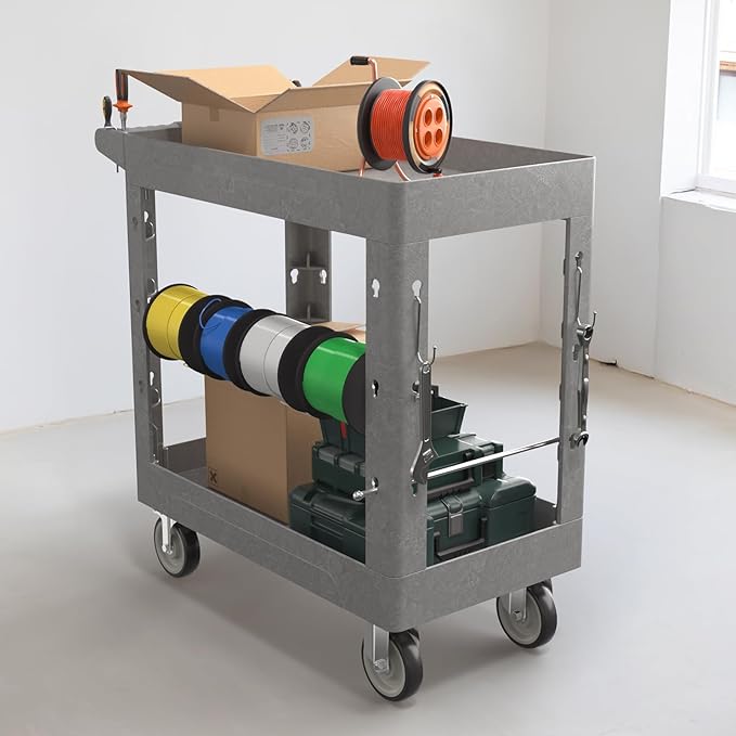 Heavy Duty Rolling Utility Cart with Wheels 2-Tier Utility Plastic Service Work Cart for Shop, Garage, Warehouse, Maintenance 550 lbs