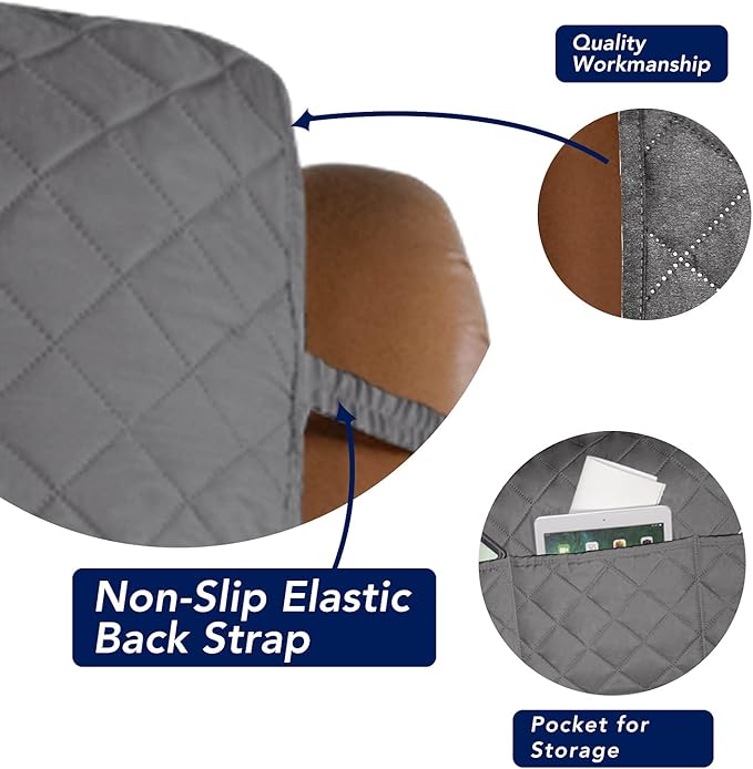 PureFit Reversible Quilted Sofa Cover, Water Resistant Slipcover Furniture Protector, Washable Couch Cover with Non Slip and Elastic Straps for Kids, Dogs, Pets (Oversized Recliner, Gray/Gray)