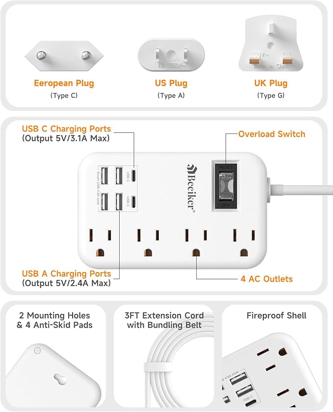 European Travel Plug Adapter, US to Europe Travel Power Strip with 6 USB(2 USB C) 4 Outlets, International Universal Travel Power Adapter with 3ft Extension Cord for EU UK France Italy Germany Cruise