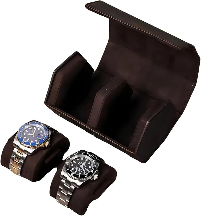 Genuine Leather Watch Roll Travel Case, Vintage Full Grain Leather Hexagon Watches Storage Organizer with Display Removable Pillows & Solid Dividers for Home Storage &Display (2 Slot)
