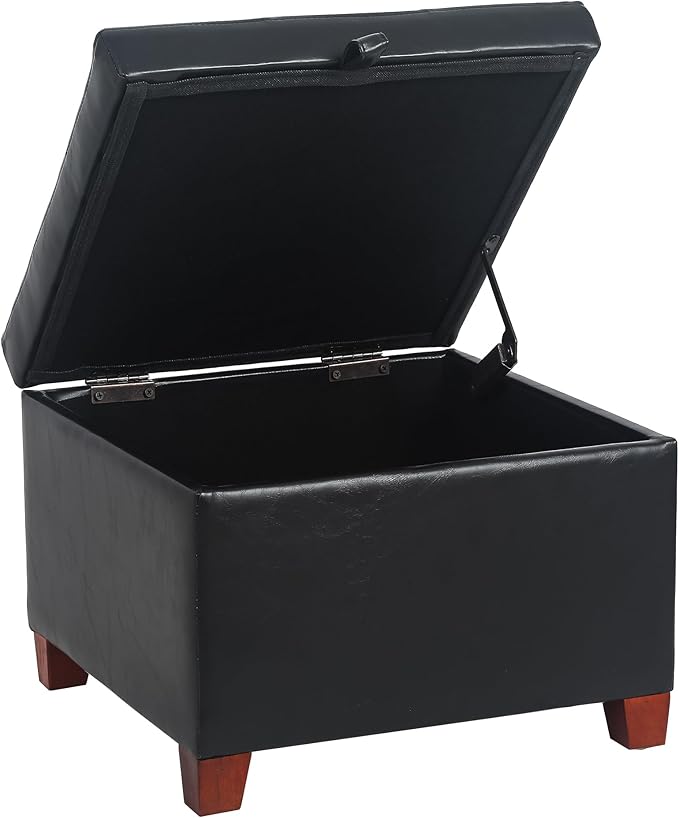 Adeco Faux Leather Storage Ottoman with Hinged Lid, 14 Inch High Black Square Cube Foot Stool with Storage, Upholstered Vanity Stool with Solid Wood Legs for Living Room, Bedroom, Dorm