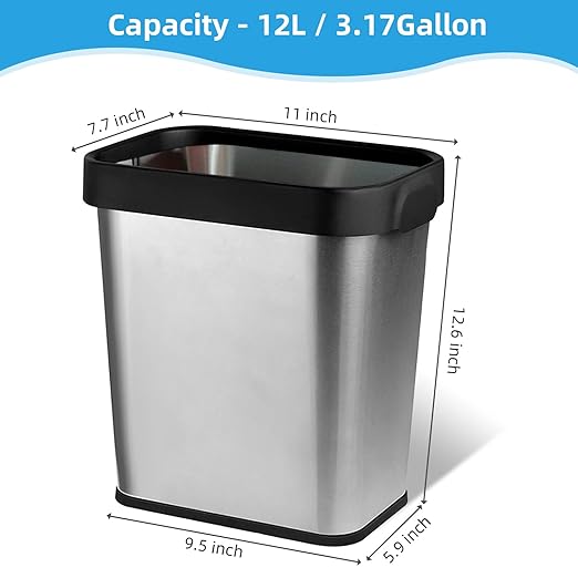 2 Pack Stainless Steel Trash Can 3 Gallon, Open Top Trash Can, 8" x 11" x 13", Rectangle Rubbish Bin, Slim and Narrow, No Lid Small Wastebasketfor Kitchen, Bathroom, Living Room, Office
