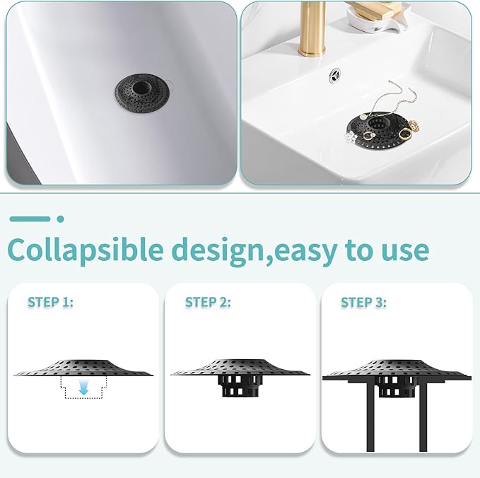 Shower Hair Drain Catcher, Silicone Bathtub Drain Hair Catcher Strainer, All-in-one Tub Hair Catcher Drain Protector for 1.48'' to 1.76'' Regular Drains, 3PCS/Black