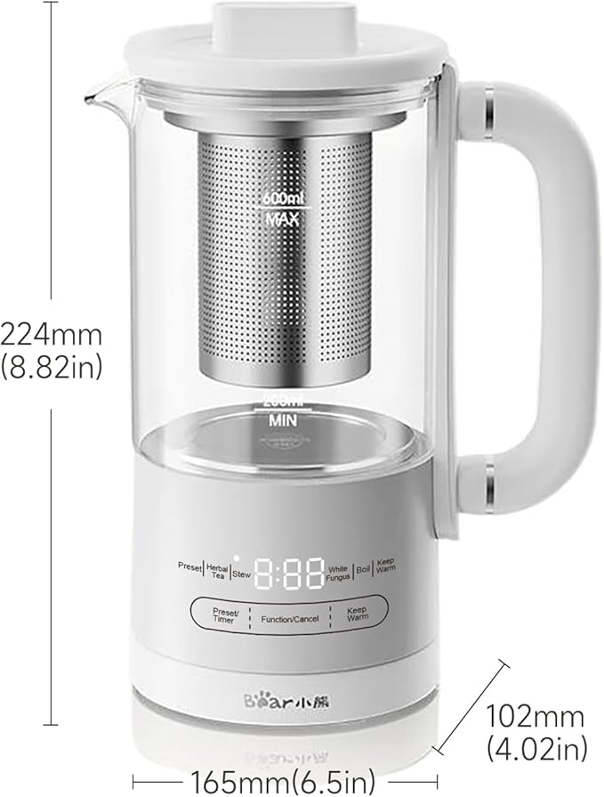 Bear HK-5L06P04 Mini Health Pot, Electric Kettle Tea Maker with Infuser, Glass Kettle & 316L Stainless Steel, 6 Auto Menus, 0.6L Compact Size, White