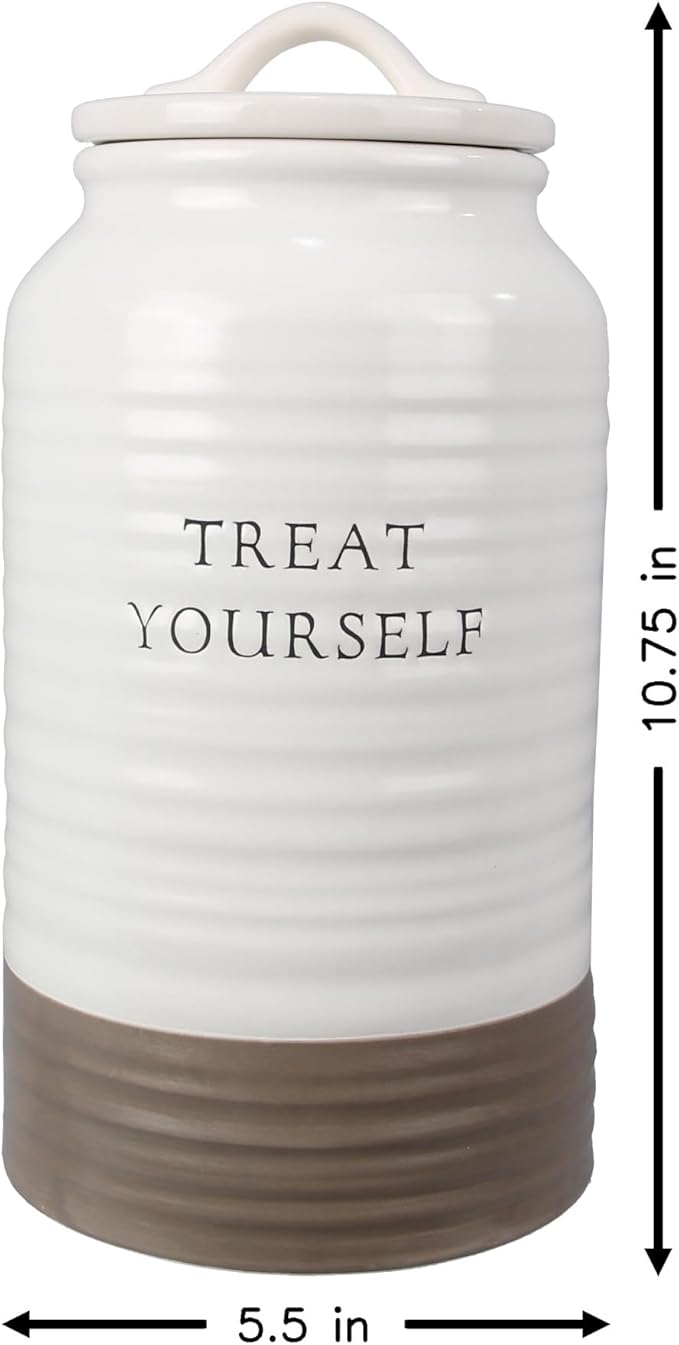 Young's Inc. Ceramic Cookie Jar - Cute Kitchen Counter Storage Canister with Lid - Perfect for Cookies, Coffee, Tea, Candy, Dog Treats, and More - Treat Yourself - White, Brown
