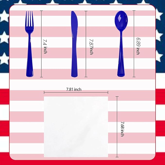 Liacere 100Pack Pre Rolled Blue Silverware and Napkin - Disposable Blue Plastic Utensils-Wrapped Plastic Cutlery Set with Napkin:100 Forks,100 Knives,100 Spoons,100 Napkins for Wedding&New Year