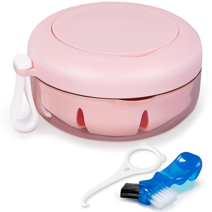 Leak Proof Denture Cup Kit Portable Retainer Case Perfect for Travel, Denture Case Container Cleaning Care for Dentures Aligner Mouth Guard with Denture Brush,Strainer, Removal Tool and Mirror