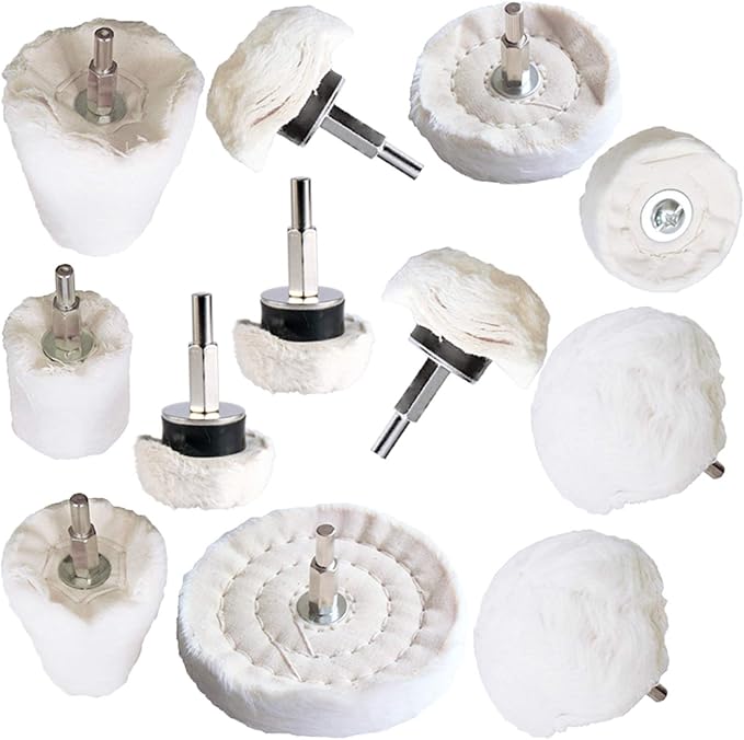 Polishing Pad Buffing Wheel Kit White Flannelette 12 Pack, for Drill for Metal Aluminum Stainless Steel Chrome Wood Plastic Ceramic Glass Woods Fabric Cotton Machine Jewelry etc