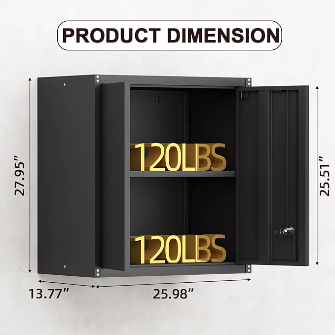 Steel Wall Cabinet, Metal Locking Wall Cabinet, Wall Hanging Metal Cabinet for Garage Tool Storage, Wall Mount Tool Cabinet for Garage, Laundry Room, Pantry, Black