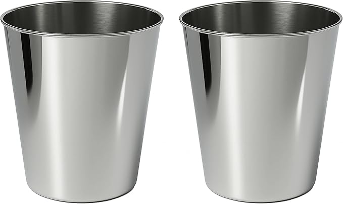 happimess HPM1113D-SET2 Nolan Modern Classic Smooth Steel 2 Gal Waste Bin for Kitchen, Office, Bathroom, Bedroom, Dorm, Polished Steel (Set of 2)