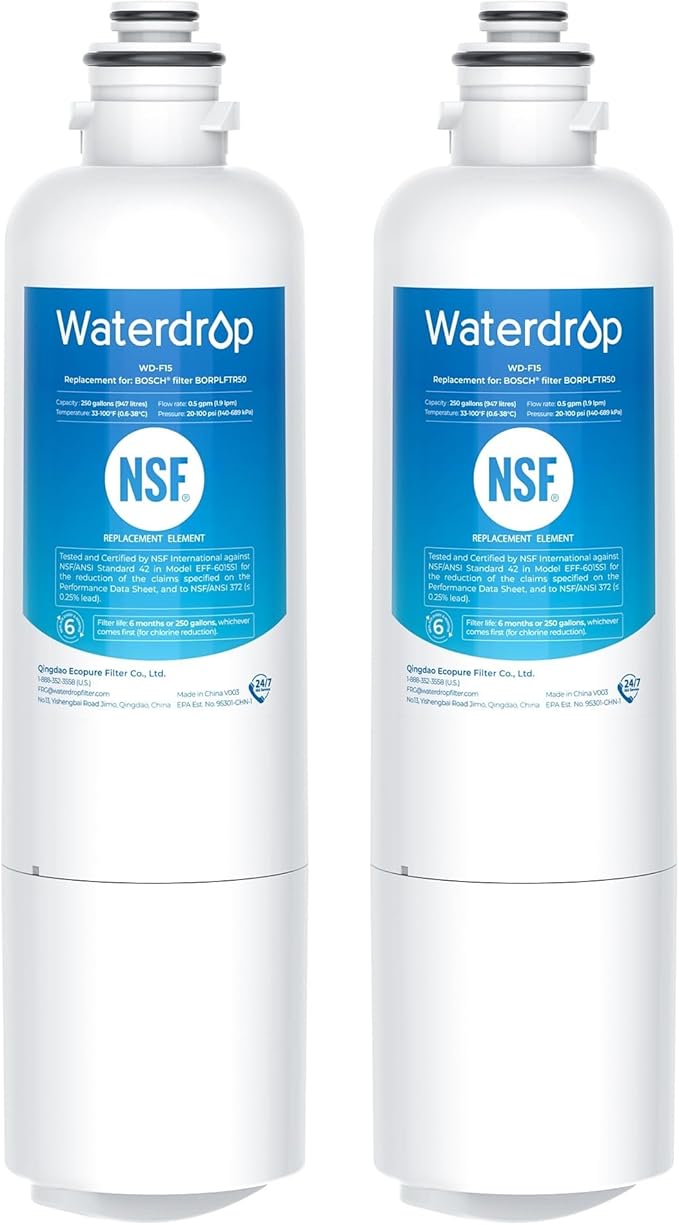 Waterdrop BORPLFTR50 Replacement for Bosch® Ultra Clarity® Pro 11032531, 12033030, 11025825, BORPLFTR55, B36CD50SNS, B36CT80SNS, B36CL80ENS, B36FD50SNS, WFC100MF, Refrigerator Water Filter, 2 Filters