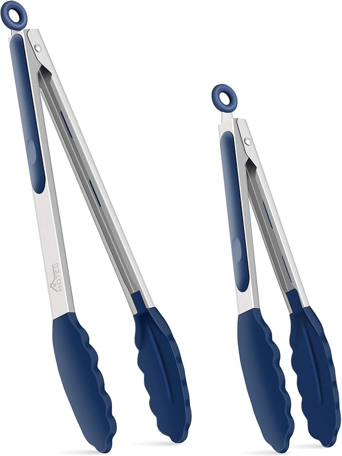 HOTEC Premium 7 & 9 Inch Kitchen Tongs, Stainless Steel Locking Cooking Tongs with Silicone Tips, Non-Scratch & Heat Resistant, Serving Tongs for Salad, BBQ, Classic Blue, Set of 2