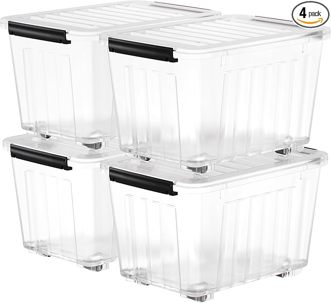 Nazhura 72 Quart Plastic Storage Bin, Stackable and Nestable Storage Boxes with Clear Lids and Secure Latching Buckles, Large Storage Container (Clear, 72Quart-4Pack)