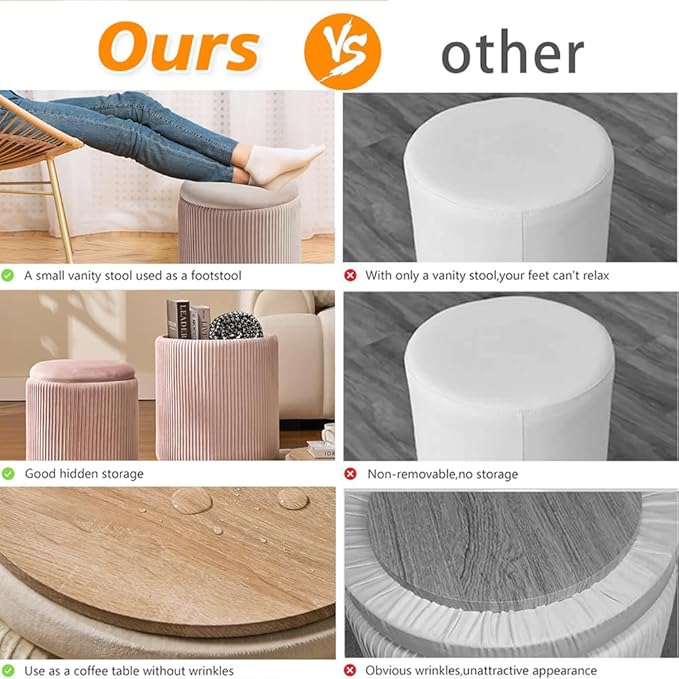 Round Set of 2 Ottoman with Storage-Upholstered Velvet Vanity Stool for Makeup Multifunctional Ottomans Coffee Table Padded Seat Foot Rest for Living Room&Bedroom (Pink)