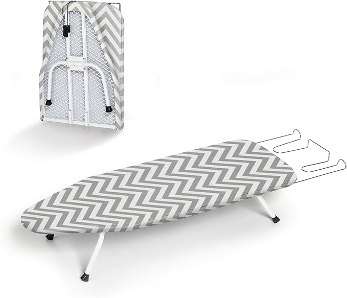 Folding Ironing Board for Small Space, RAINHOL Mini Collapsible Ironing Boards, with Hook, Iron Rest, Heat-Resistant 100% Cotton Cover and Pad, Gray and White Stripes, 31" x 12", Steel Mesh