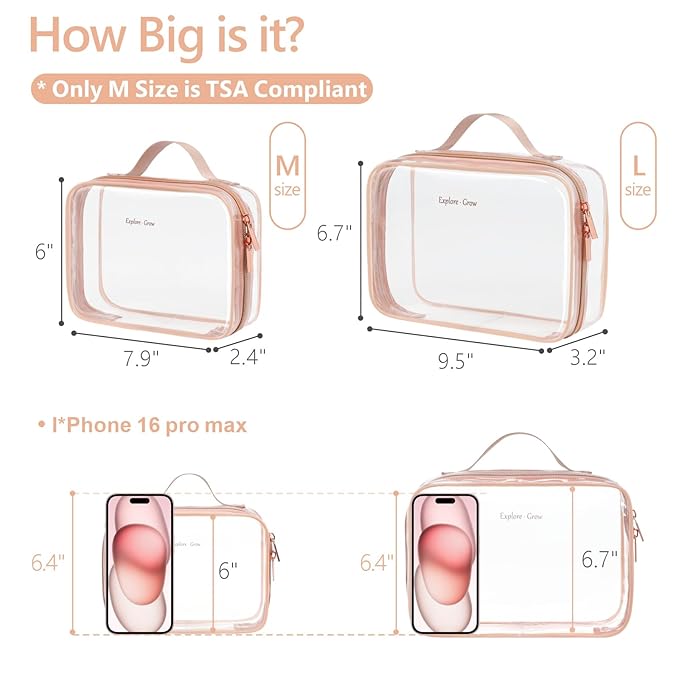 PACKISM Clear Makeup Bag - 2 Pack TSA Approved Toiletry Bag with Handle and 180° Large Opening, Clear Toiletry Bag Fit Carry-on Travel Essential, Travel Bags for Toiletries, Rose Pink