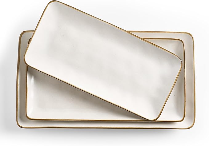 famiware Serving Platter, Rectangular 15.67/14.1/12.6inch Serving Dishes for Entertaining, Dishwasher Safe, Stoneware Serving Trays for Party, Food, Turkey, Snack, Cheese, Reactive Glaze, Matte White