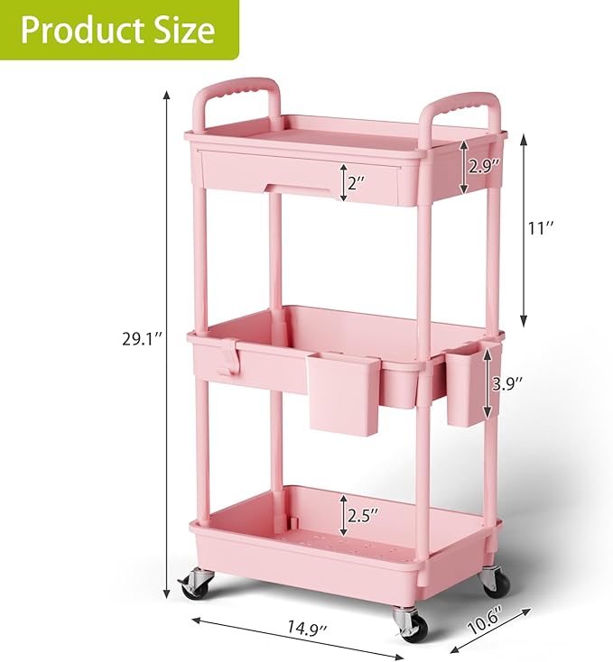3 Tier Rolling Cart Organizer,Laundry Room Bathroom Organizers and Storage Office Shelves Mobile Shelving Unit Kitchen Trolley Cart with Wheels for Art,Craft,Diaper,Bedside,Snack(Pink)