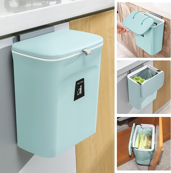 Tiyafuro 2.4 Gallon Kitchen Compost Bin for Counter Top or Under Sink, Hanging Small Trash Can with Lid for Cupboard/Bathroom/Bedroom/Office/Camping, Mountable Indoor Compost Bucket (Blue)