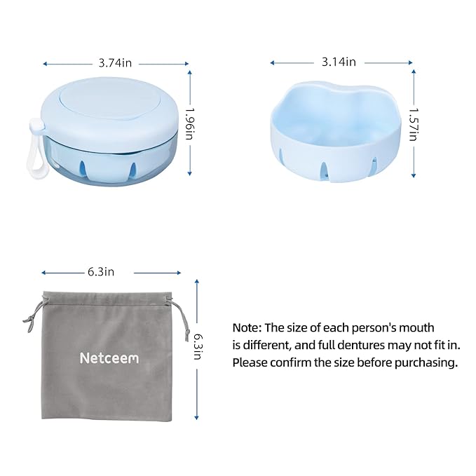 Leak Proof Denture Cup Kit Portable Retainer Case Perfect for Travel, Denture Case Container Cleaning Care for Dentures Aligner Mouth Guard with Denture Brush,Strainer, Removal Tool and Mirror