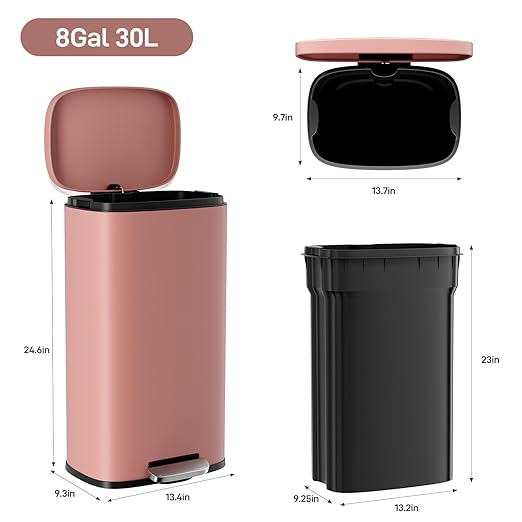 Arlopu 8/13.2 Gallon Step Trash Can, Stainless Steel Garbage Bin, Soft-Close Rubbish Bin with Removable Plastic Inner Bucket, Fingerprint-Proof, Lid Dustbin, Suit for Kitchen Home (Pink, 30L)