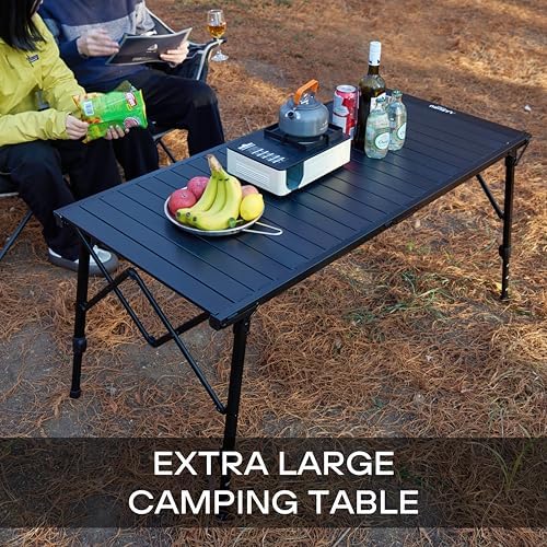 50" Large Folding Camping Table with Adjustable Hight Legs for 2-6 People - Heavy Duty Foldable Camp Table with Roll-Up Aluminum Picnic Table, Portable Outdoor Table for Cooking,Beach,BBQ,Party