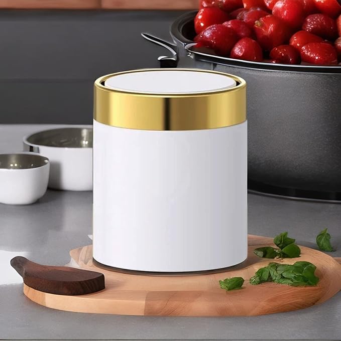 Mini Trash Can with Lid, Metal Small Tiny Mini Trash Bin Can, Mini Countertop Trash Cans for Desk Car Office Kitchen, Swing Top Trash Bin 1.5 L/0.40 Gal (White)