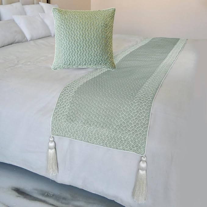 The HomeCentric King/Queen/Twin Blue Decorative CA King 86"x18" Bed Runner with Pillow Cover, Mosaic, Bead Embroidery, Handmade, Tassels Bed Scarf on Jacquard Fabric - Tessellation Blue