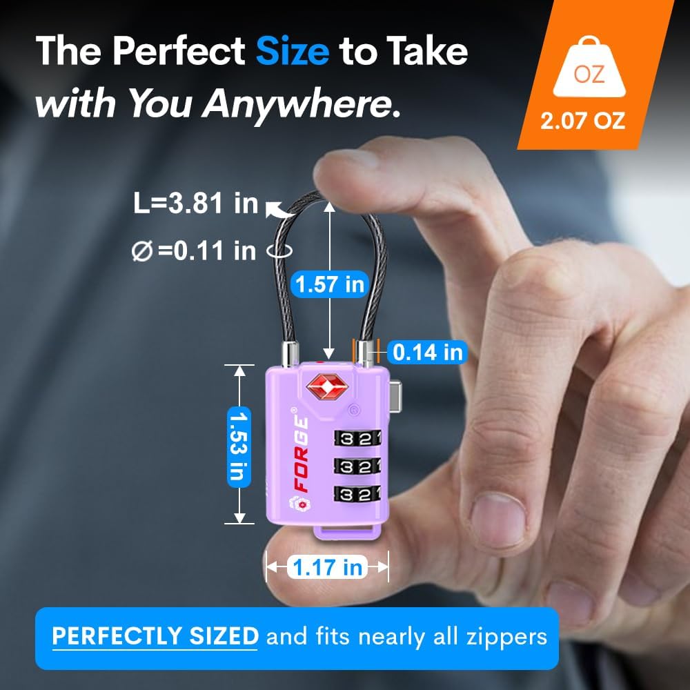 Forge TSA Approved Luggage Locks, Re-settable Combination with Alloy Body, Purple 4 Locks.