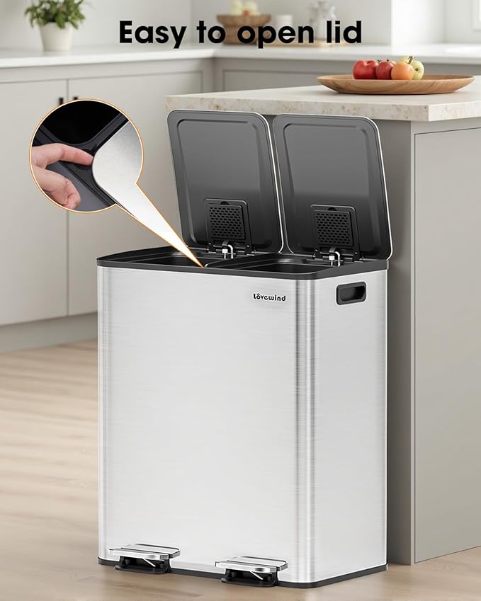 Lovewind Kitchen Trash Can, 2 x 8 Gallon (2 x 30 L) Stainless Steel Trash and Recycle Bin Combo with Soft-Close Lid, Dual Compartment Recycling Kitchen Step Trash Bin, Silver