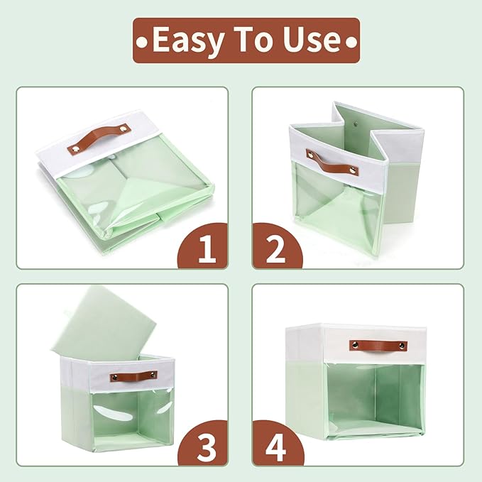 HNZIGE Clear Storage Cubes Bins 11 x 11, Fabric Storage Cube Bins for Storage Organizer,Shelf Storage Bin for Organizing, Cubby Foldable Cube Organizer Bin for Storage Blanket Home(White Green 6PCS)