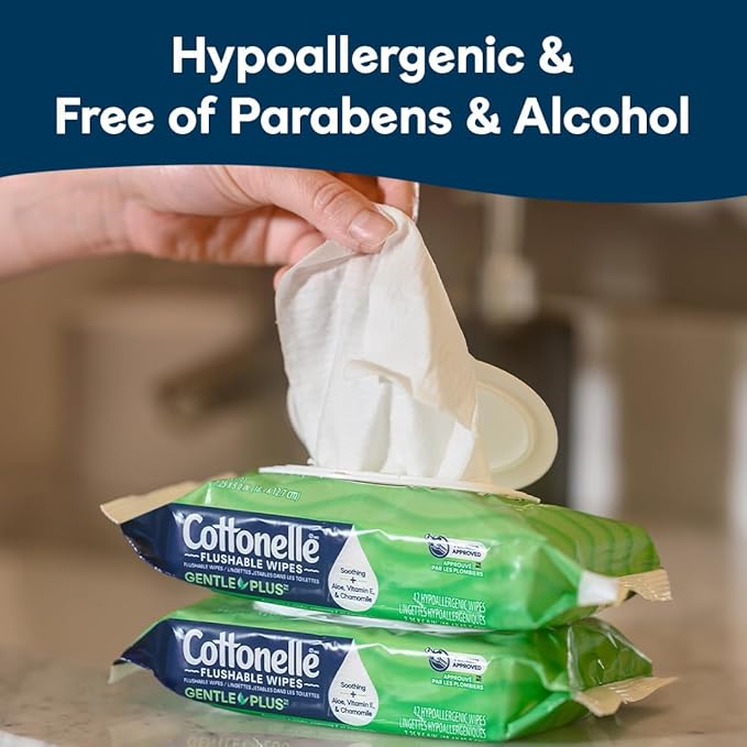 Cottonelle GentlePlus Flushable Wet Wipes with Aloe & Vitamin E, 2 Refill Packs, 168 Wipes Per Pack (336 Total), Packaging May Vary