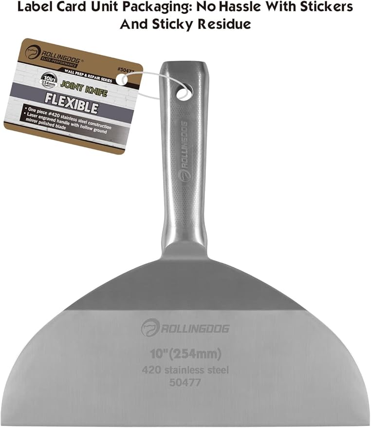 ROLLINGDOG 10 inch Putty Knife - 420 Stainless Steel One Piece Drywall Joint Knife Mirror Polished Blade for Drywall, Painting