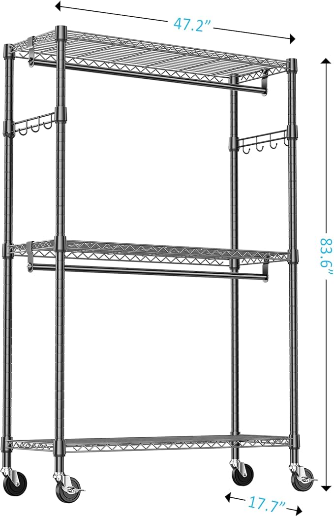 IZEUK Heavy Duty Rolling Garment Rack with 3 Adjustable Wire Shelves, Hanging Rod & Side Hooks - Extra Large Mobile Clothes Rack with Wheels, 47.2" W x 17.7" D x 83.6" H, Black