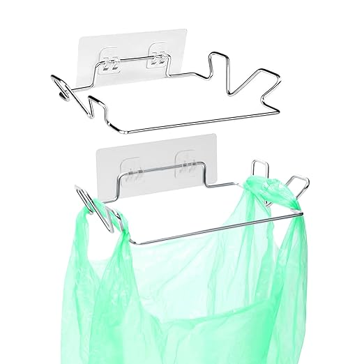 2 Pcs Stainless Steel Trash Bag Holder for Kitchen Cabinets Doors and Cupboards, Under Sink Bag Hanger, Portable Trash can, Waste Bins, Wall Adhesive Hanging Garbage Bins, With Wall Sticker Base