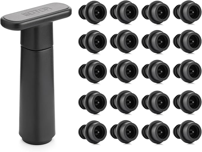 WOTOR Wine Saver Vacuum Pump with 20 Stoppers, Wine Stopper & Preserver, Reusable Bottle Sealer Keeps Fresh, Ideal Accessories Gift (Flat Handle)