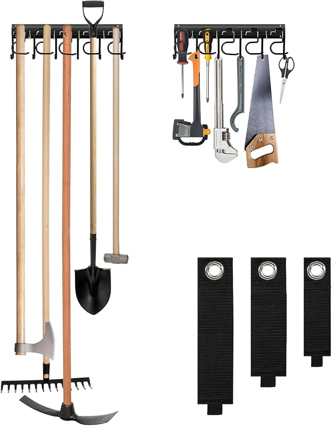 LEYU Metal Garage Tool Organizer Wall Mount, 2 Pack Garden Tool Organizer With Extension Cord Straps, Garage Organization Hooks and Hangers for Shed, Yard Storage, Wall Holder for Hanging Broom Mop