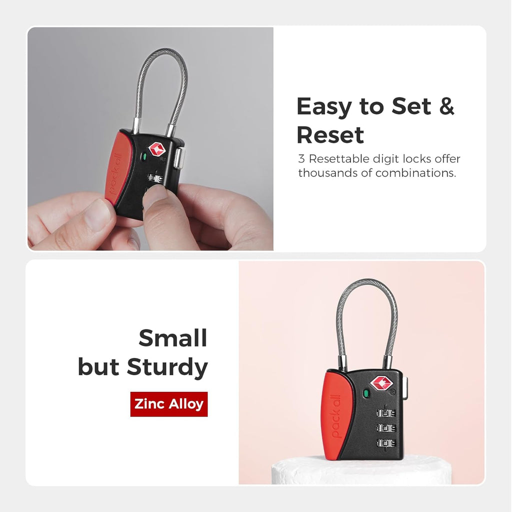 pack all TSA Approved Cable Luggage Locks, 3 Digit Combination Padlocks, Travel Lock for Suitcases & Bag, Alloy Body, Travel Accessories (4 Pack)（Red）