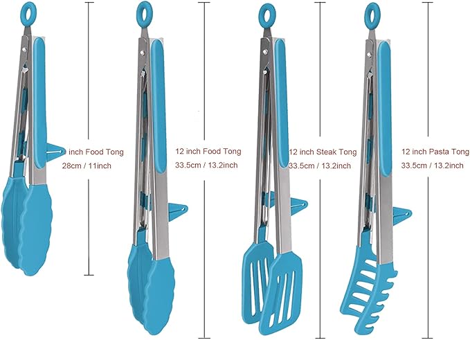 4 Pack Silicone Kitchen Cooking Tongs Set, Stainless Steel Nonstick Food Tong with BPA Free Silicone Tips for Serving Pasta Spaghetti Steak Pie Pizza Salad Vegetable Fruit Grilling BBQ Buffet 9" & 12"