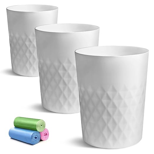 YGJT Small Trash Can, 3 Pack 1.8 Gallons Bathroom Trash Can, Slim Waste Basket, Round Garbage Can, Plastic Trash Bin for Kitchen, Dorm, Bedroom, Office, Living Room, Study, Compact Spaces