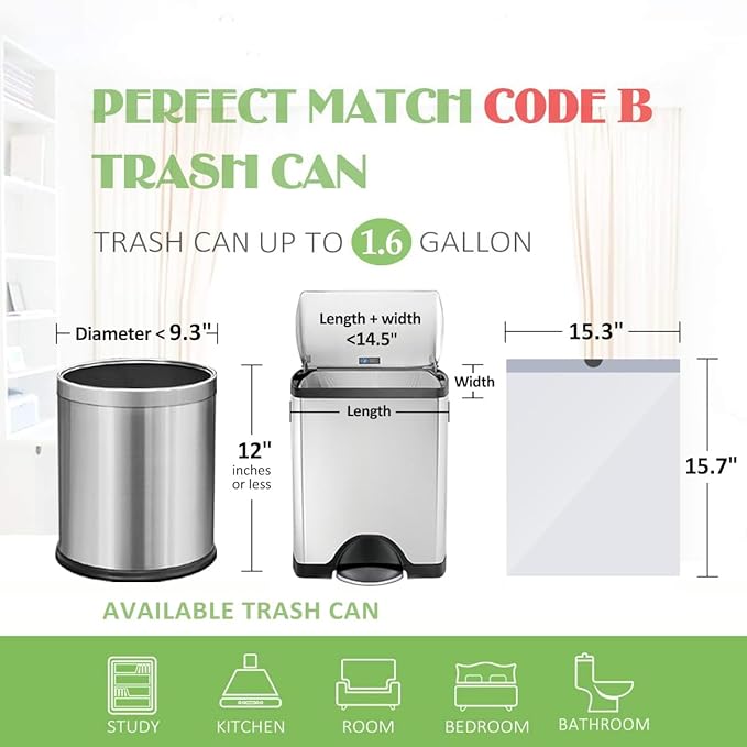 1.6 Gallon/220pcs Strong Drawstring Trash Bags Garbage Bags by Teivio, Bathroom Trash Can Bin Liners, Code b fit 6 Liter, Small Plastic Bags for home office kitchen