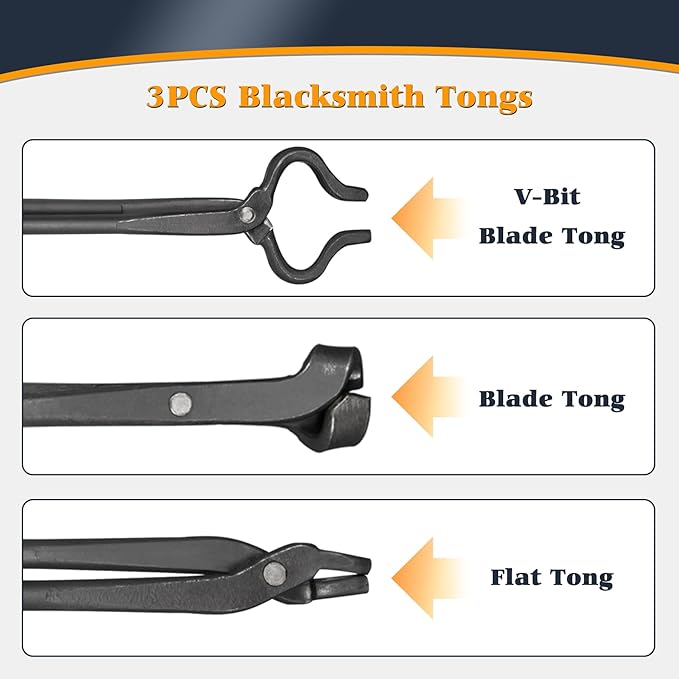 Blacksmith Tongs Set - V-Bit Blade, Flat, and Assembled Tongs for Knife Making, Blacksmithing, and Bladesmithing (3PCS Steel Forge Tongs)