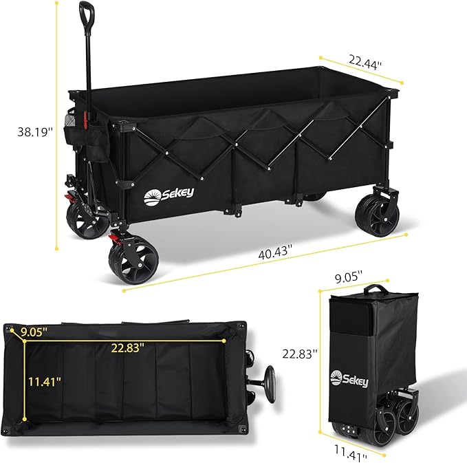 Sekey 48''L Collapsible Foldable Extended Wagon with 440lbs Weight Capacity, Heavy Duty 300L Folding Utility Garden Cart with Big All-Terrain Beach Wheels & Drink Holders. Black